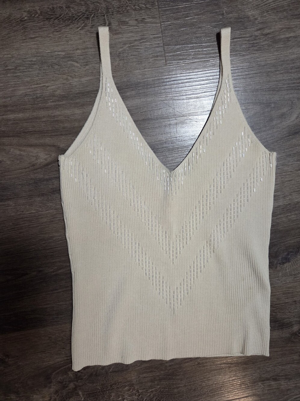 Caché Silk Glass Beaded Cream V-Neck Ribbed Cami